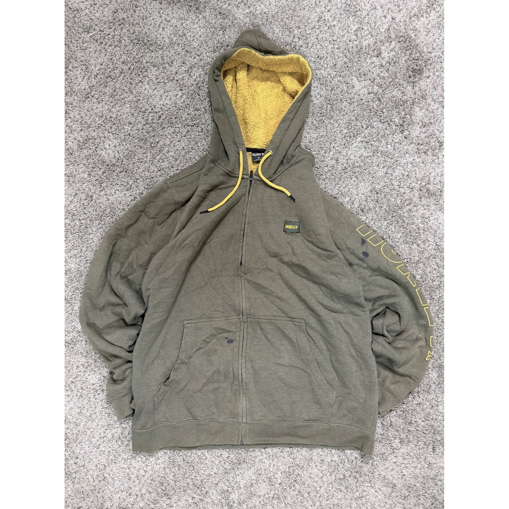 Hurley Mens Full Zip Hoodie Olive Green Yellow Sherpa Lined Hood Size M Graphic